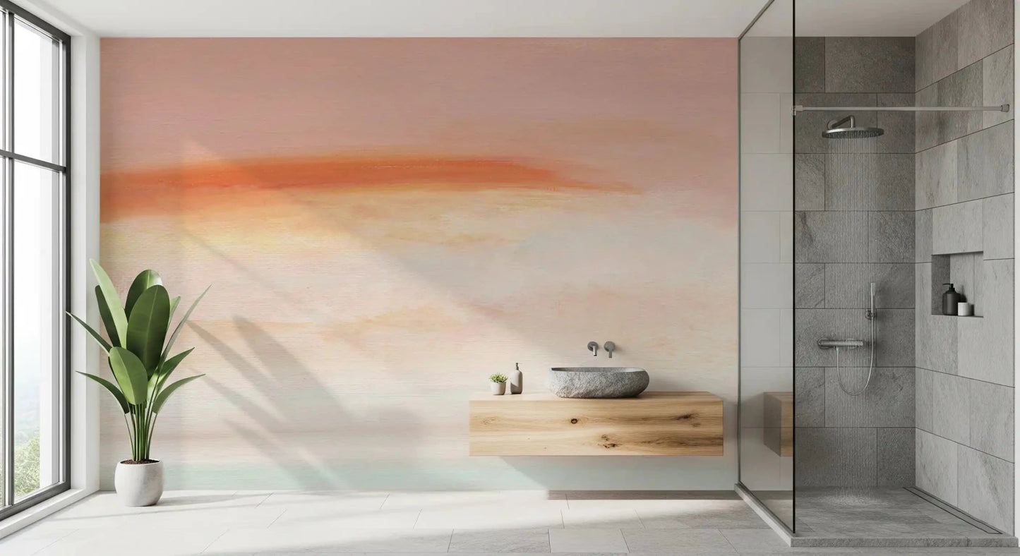 Morning Blush Canvas Wall Mural makes a tranquil setting on this serene bathroom.