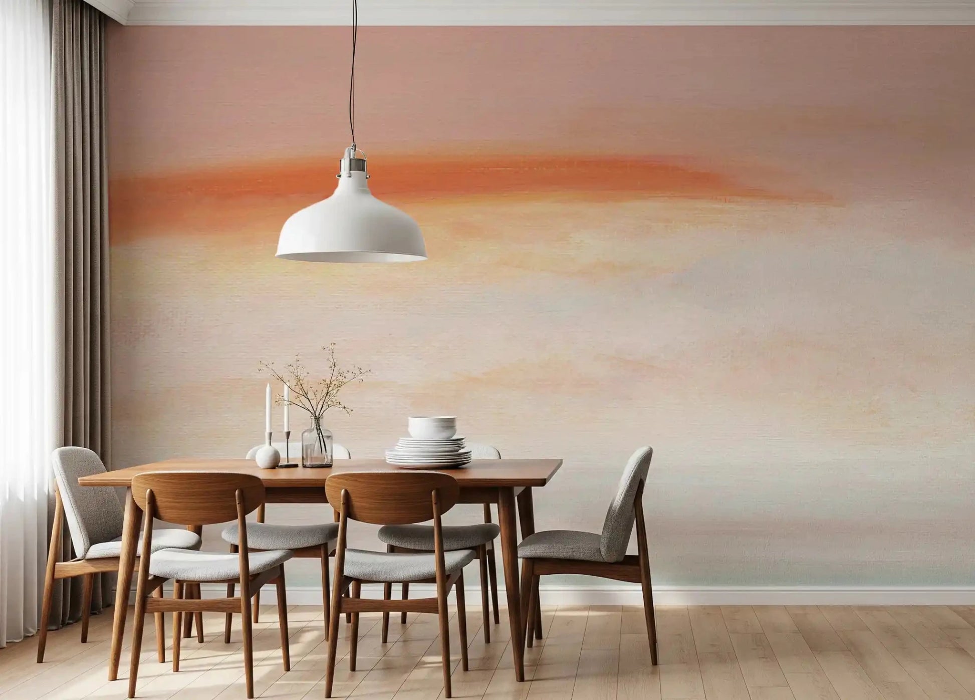 Serene Morning Blush Canvas Wall Mural provides a delicate wash of color in a dining area.