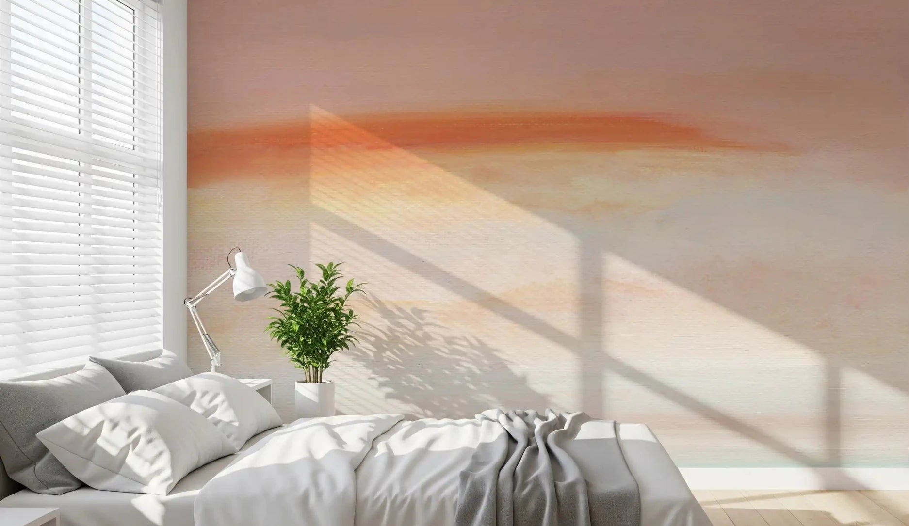 Morning Blush Canvas Wall Mural creates a soft sunrise glow on this bedroom., GD9125