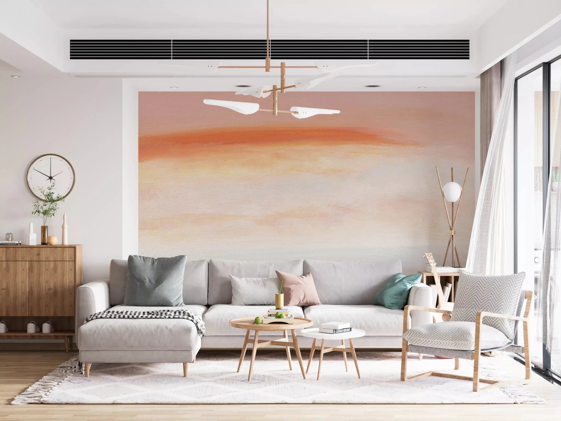 Morning Blush Canvas Wall Mural provides a subtle background for a mid-century Living room.