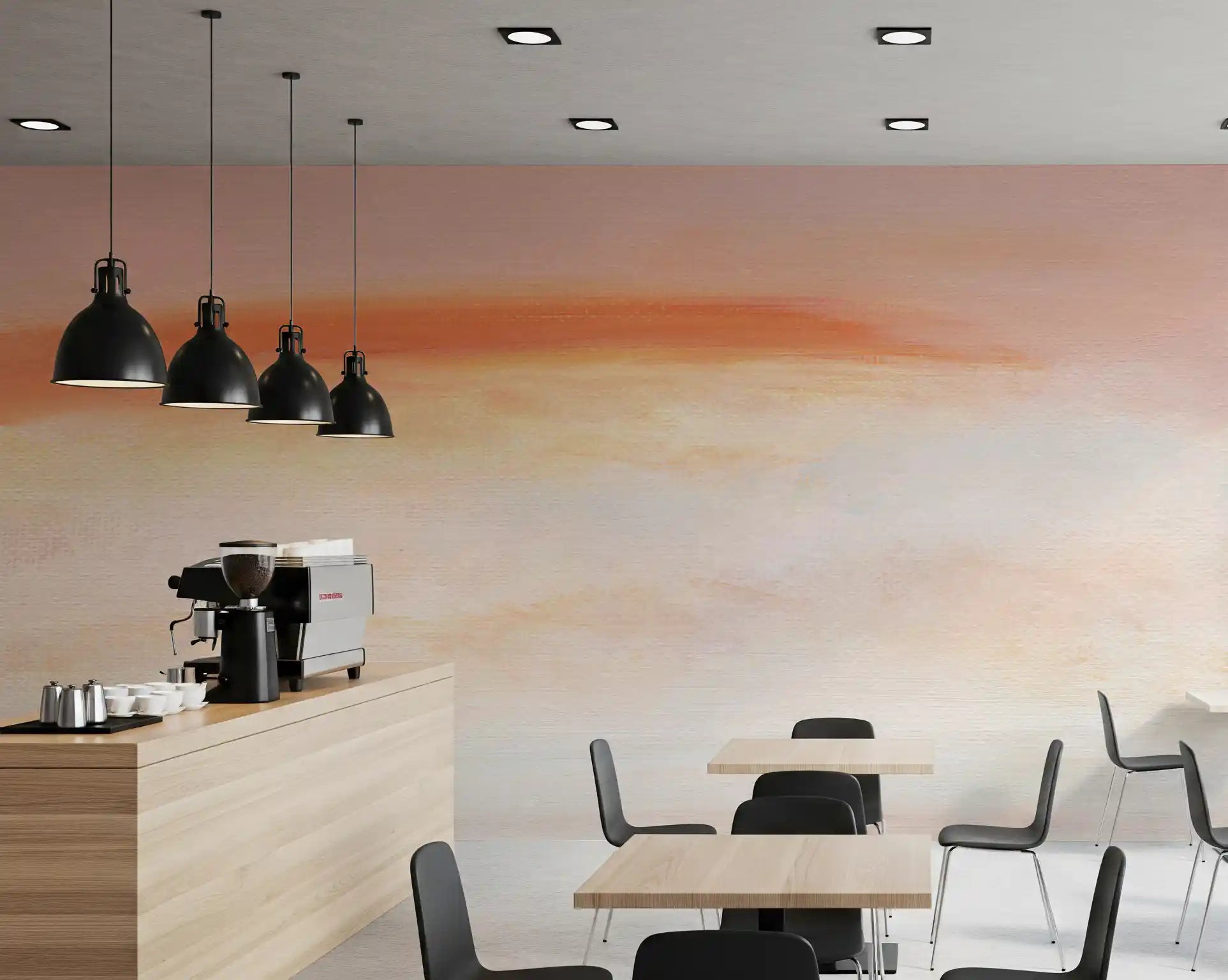 Morning Blush Canvas Wall Mural watercolor details provide a background for cafe areas.