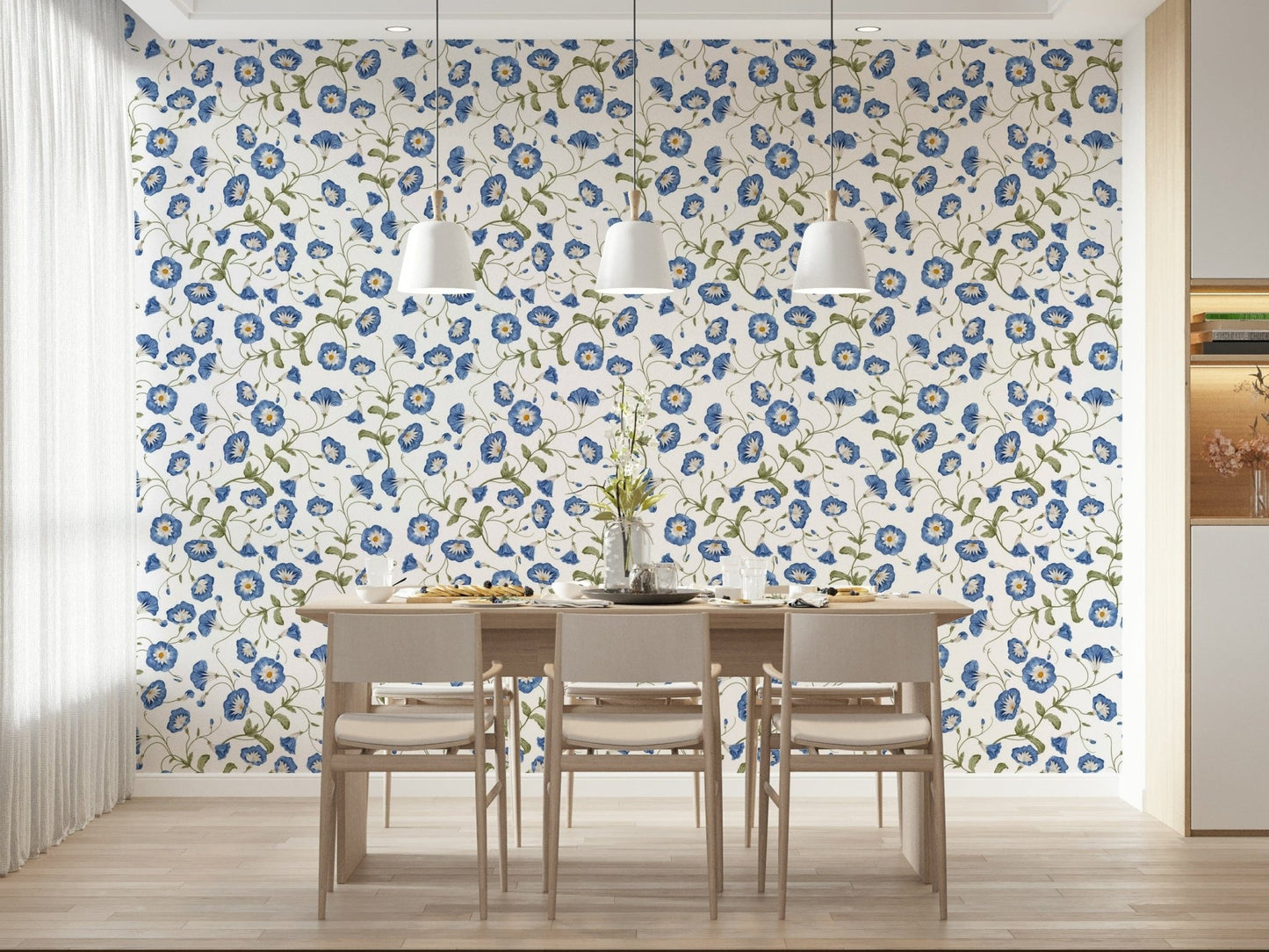 Morning Glory wallpaper mural artistic hand-drawn floral bloom.