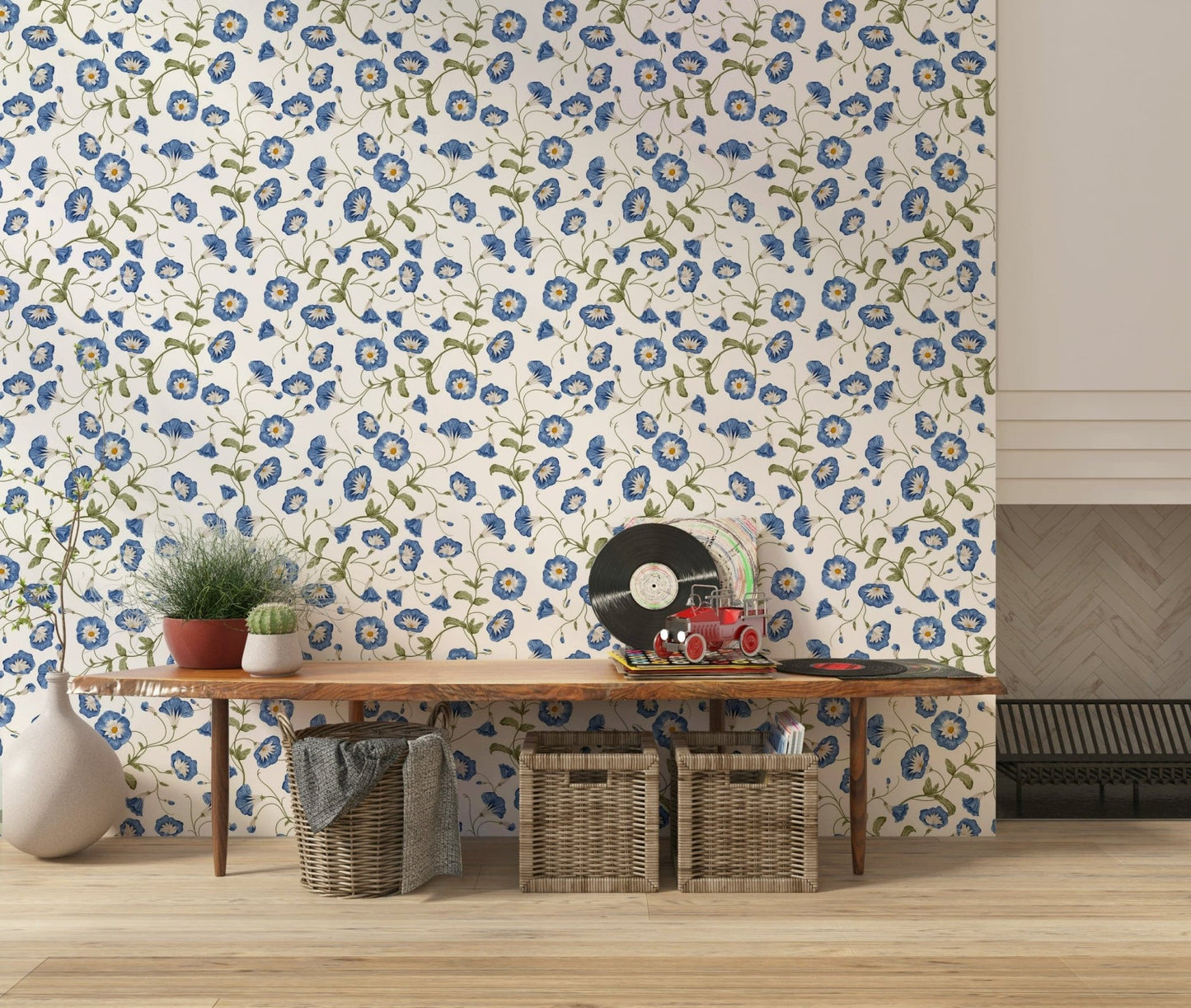 Sapphire blooms Morning Glory wallpaper mural vintage botanical aesthetic.