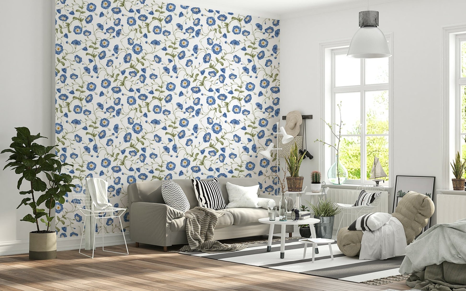 Morning Glory garden pattern wallpaper for walls rustic style.