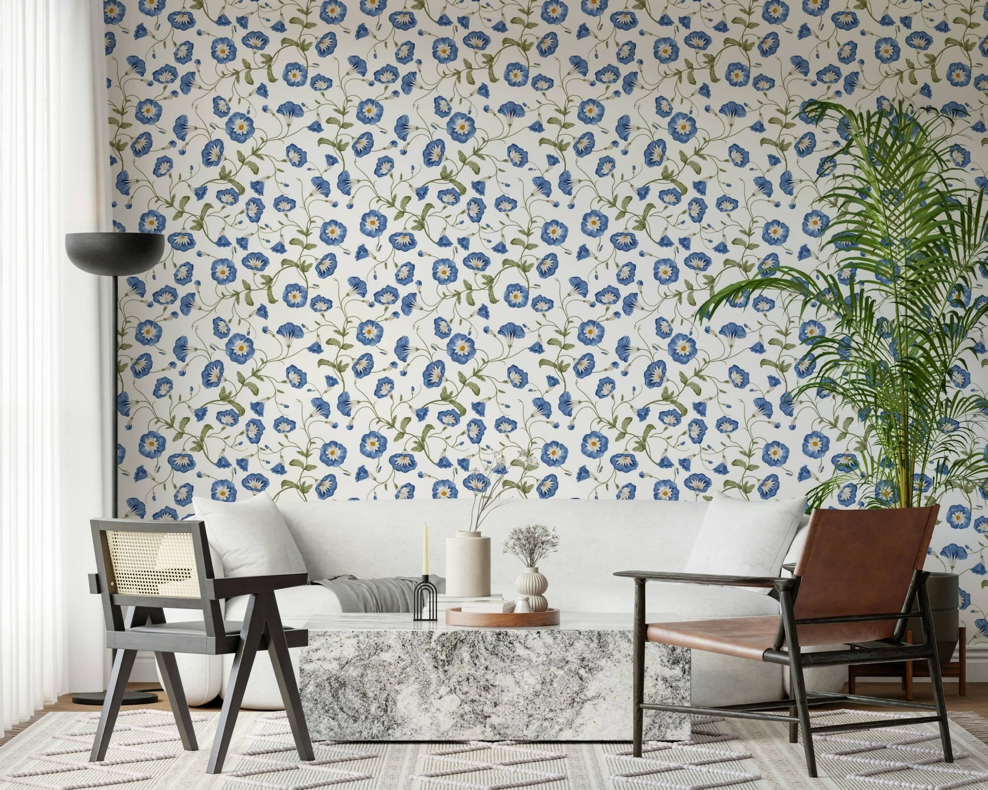 Morning Glory wallpaper for walls classic blue trumpet flowers.