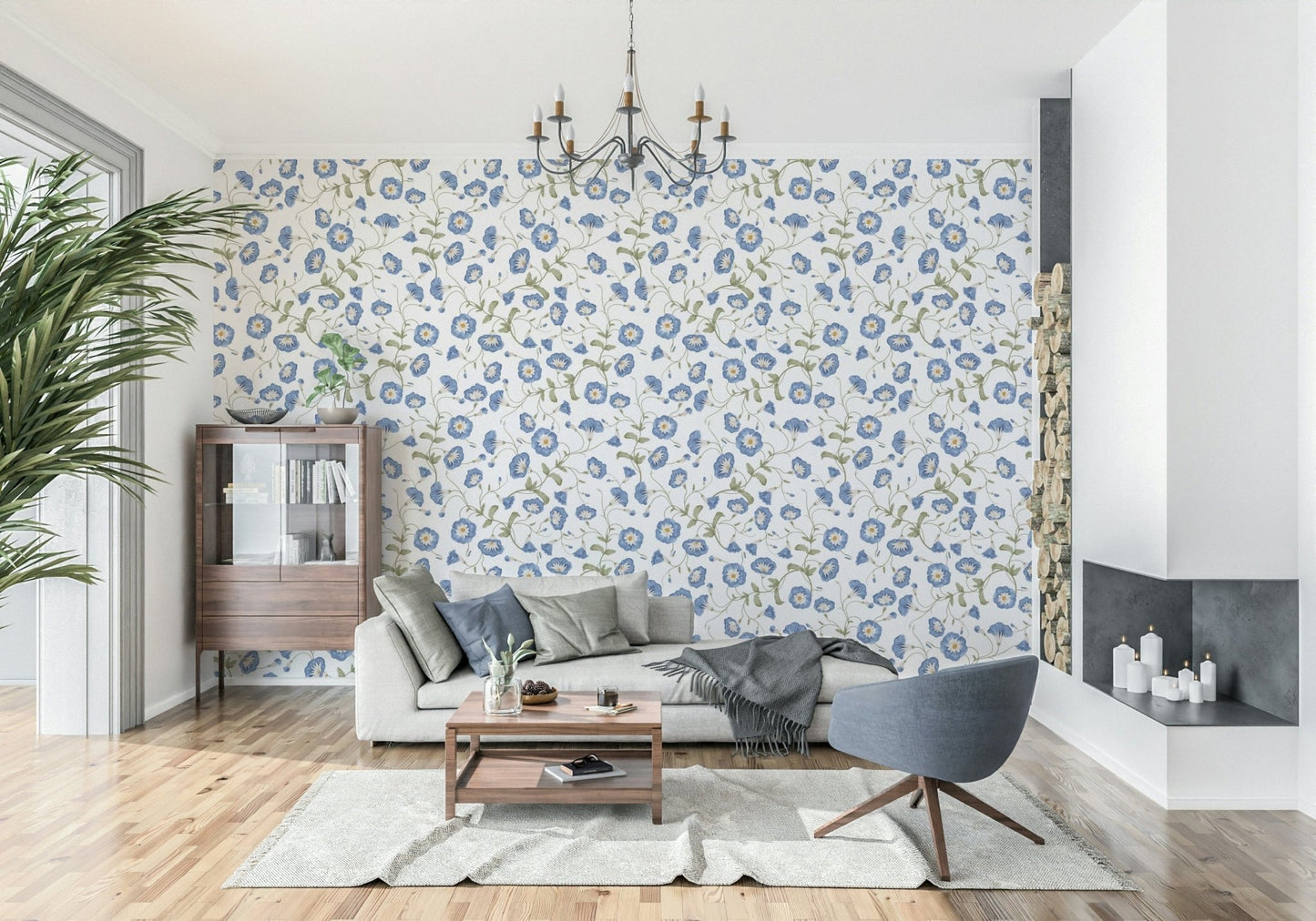 Delicate creeper plants Morning Glory wallpaper for walls white.