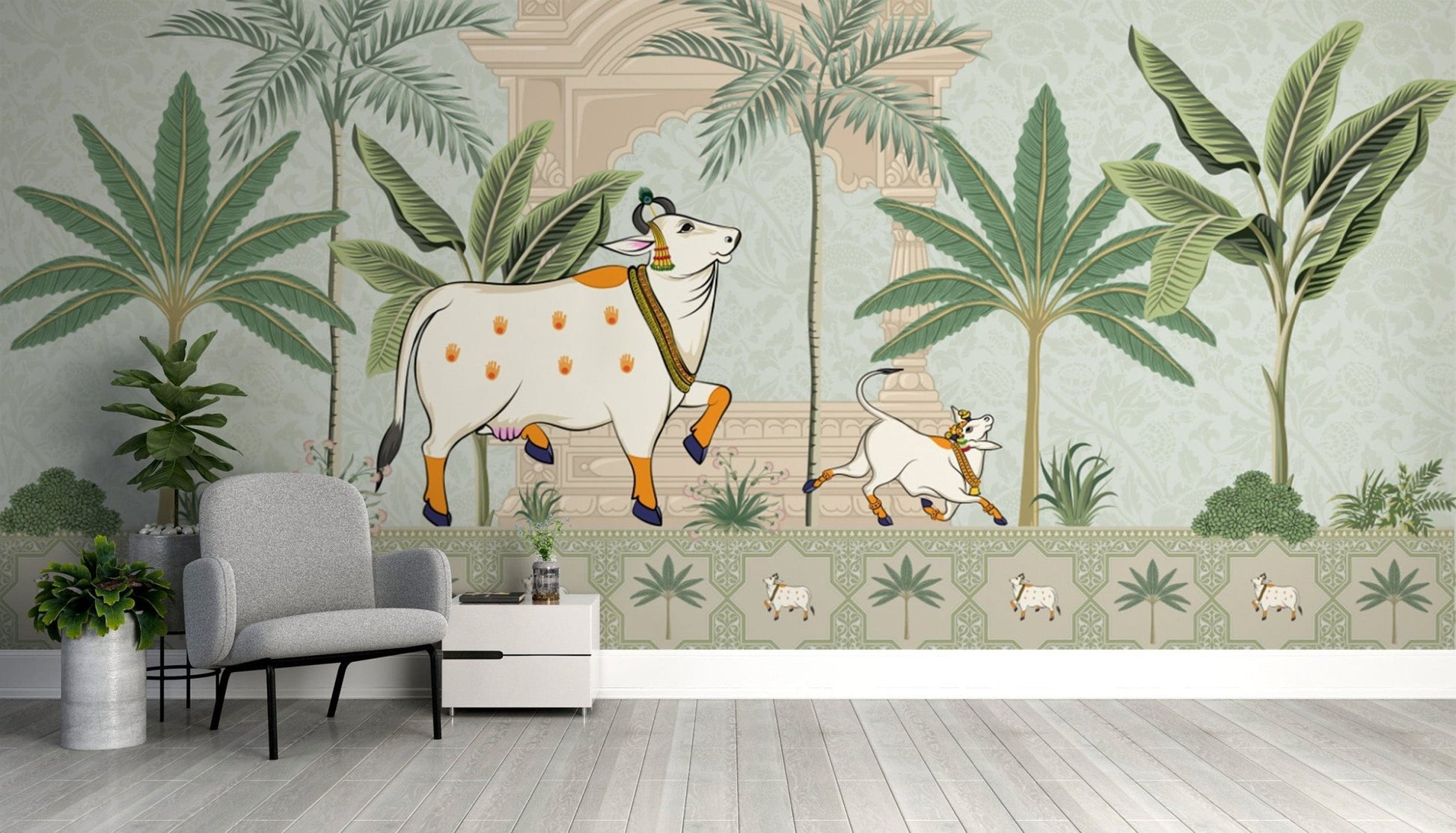 Serene Pichwai peacock wallpaper at dawn