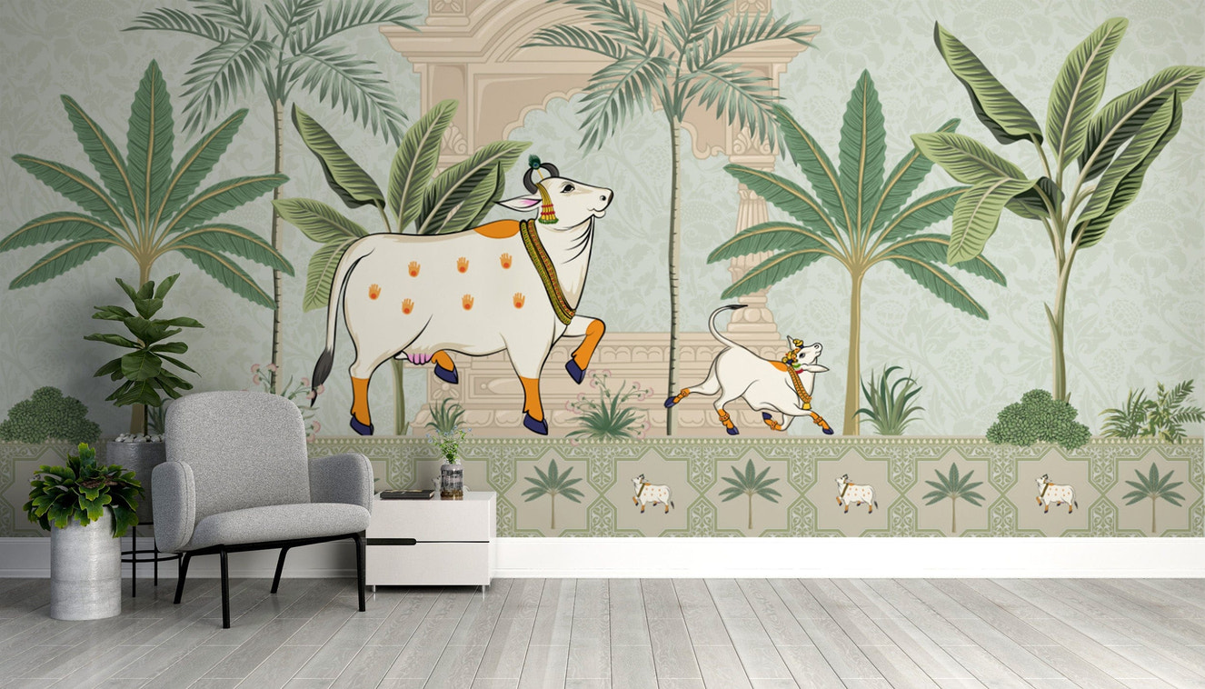 Serene Pichwai peacock wallpaper at dawn