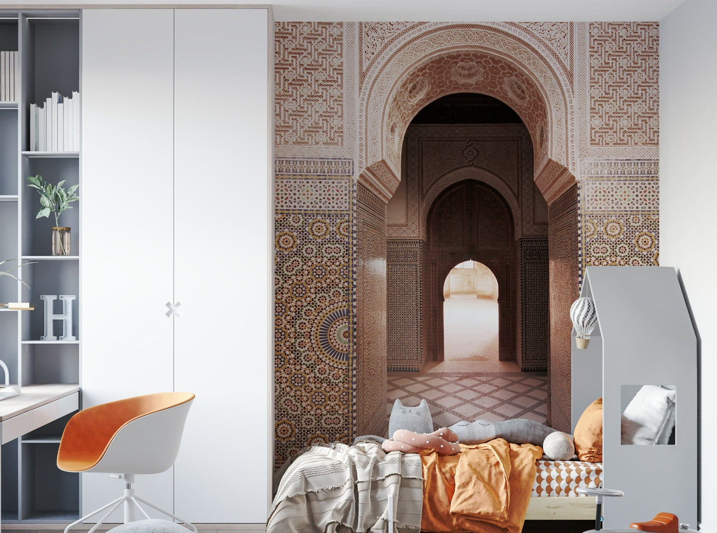 Patterned mural wallpaper with soft tones


