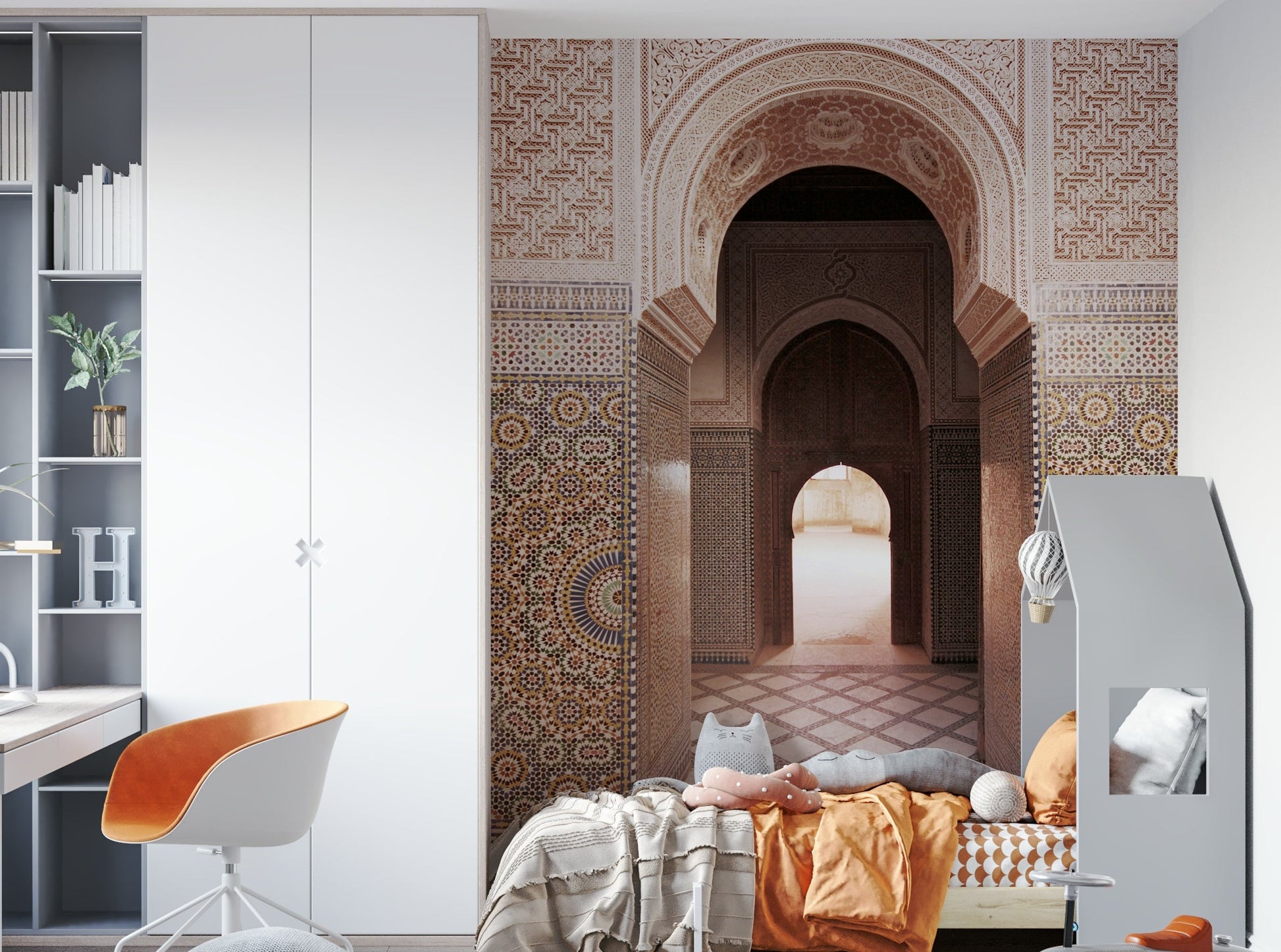 Patterned mural wallpaper with soft tones

