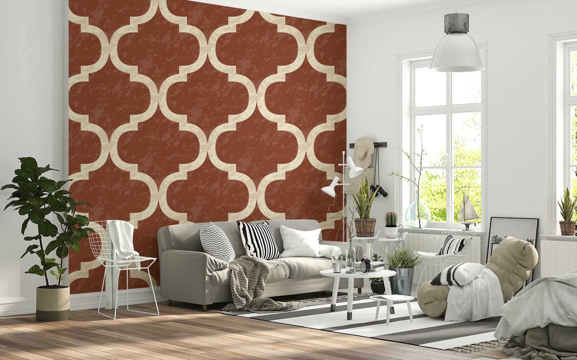 Moroccan Ogee Amber wallpaper for walls featuring terracotta curves.