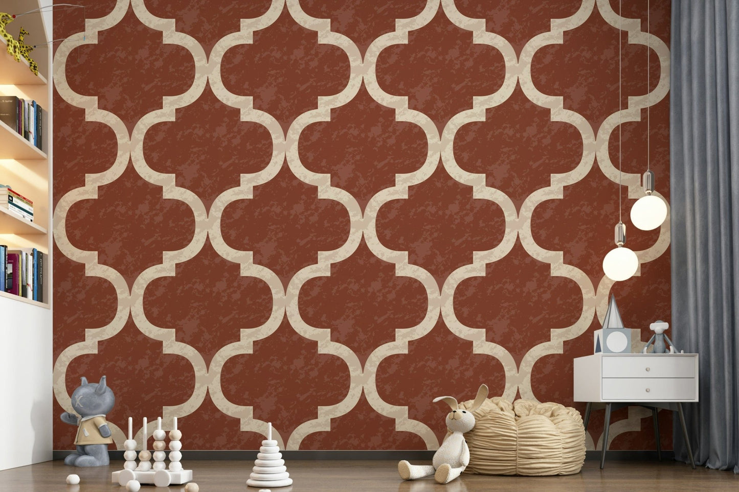Boho Moroccan trellis wallpaper in earthy amber tones