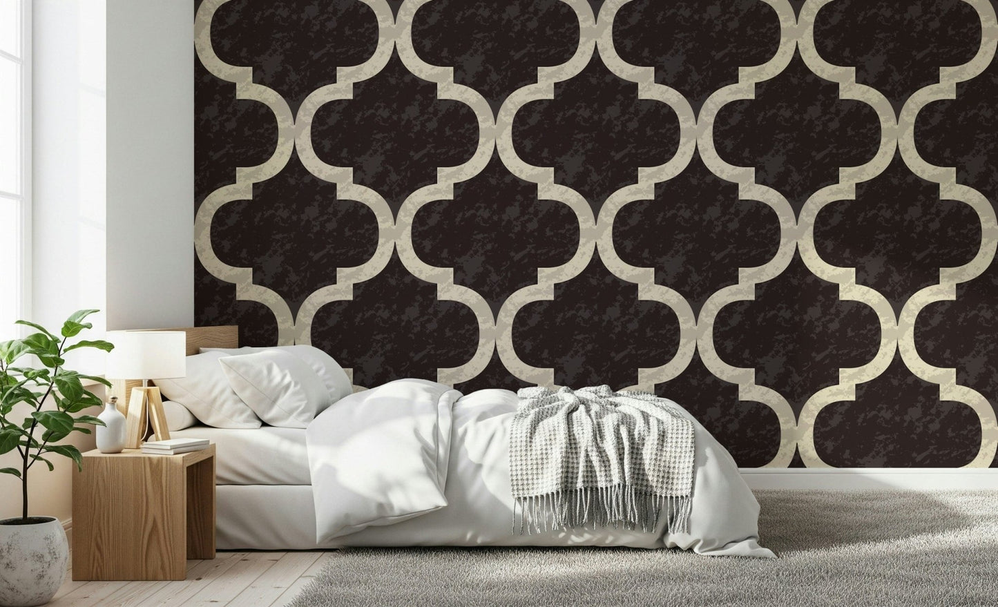 Elegant geometric trellis wallpaper mural for a professional office wall.