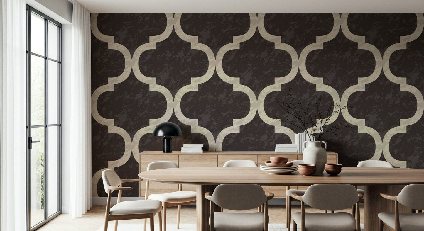 Moroccan Ogee - Black Cocoa Wallpaper mural for a dining room accent wall.