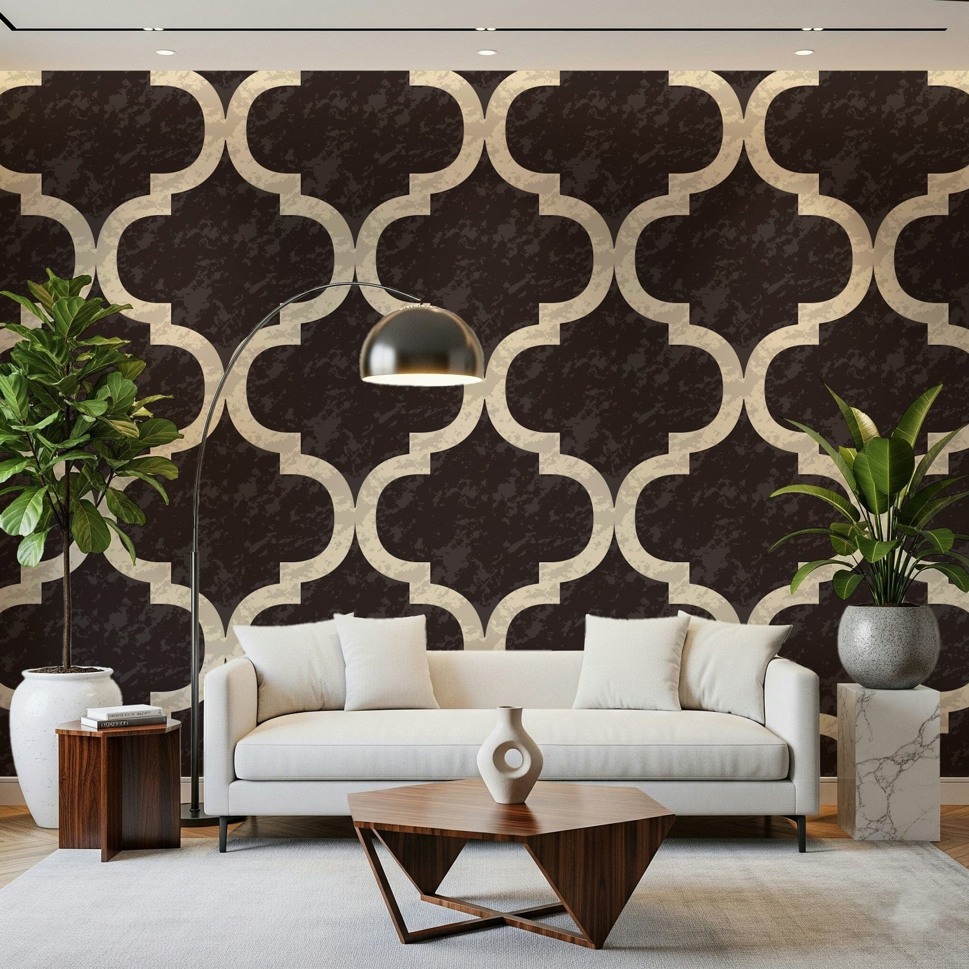 Black and brown ogee pattern wallpaper mural for a bedroom feature wall.