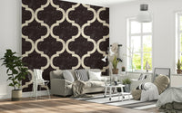 Moroccan Ogee - Black Cocoa Wallpaper mural in a stylish flat lounge.