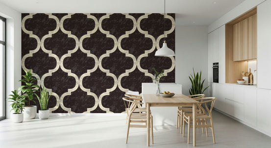 Moroccan Ogee - Black Cocoa Wallpaper mural in a modern living room., GD7479