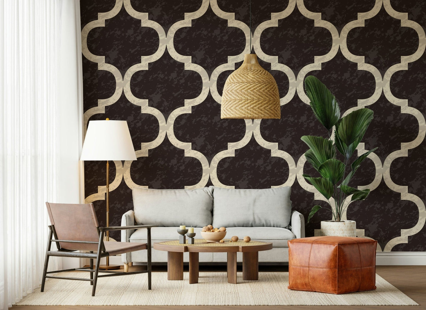 Moroccan Ogee - Black Cocoa Wallpaper mural for a contemporary foyer wall.