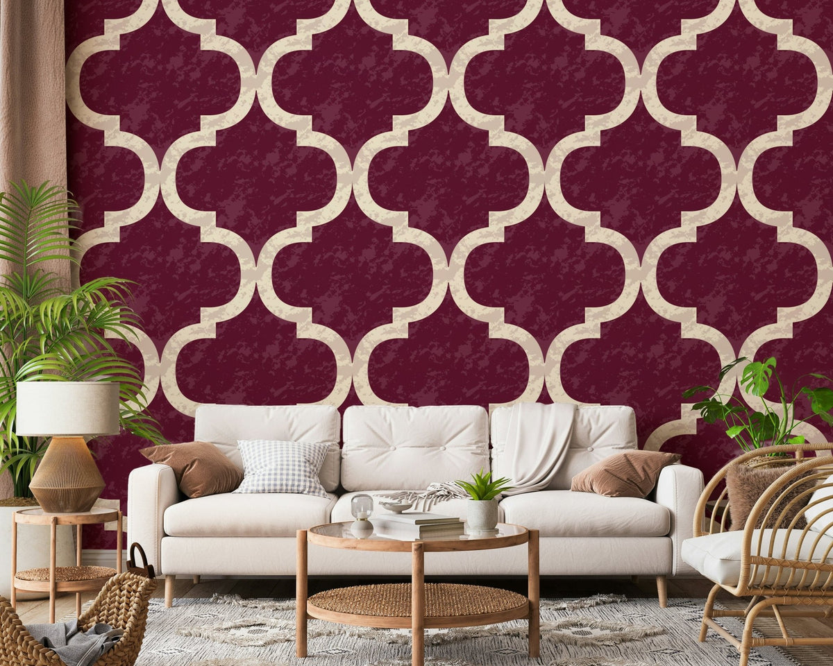 Arabesque ogee geometric wallpaper in burgundy and ivory, GD7469