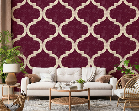 Arabesque ogee geometric wallpaper in burgundy and ivory, GD7469