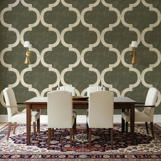 Ivory ogee pattern on textured dark olive background wallpaper, GD7474