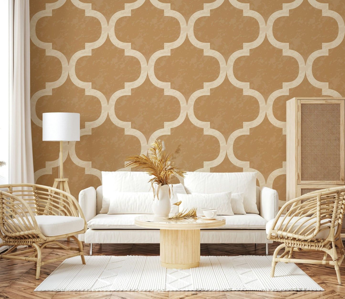 Warm tan wallpaper with classic ogee design, GD7472