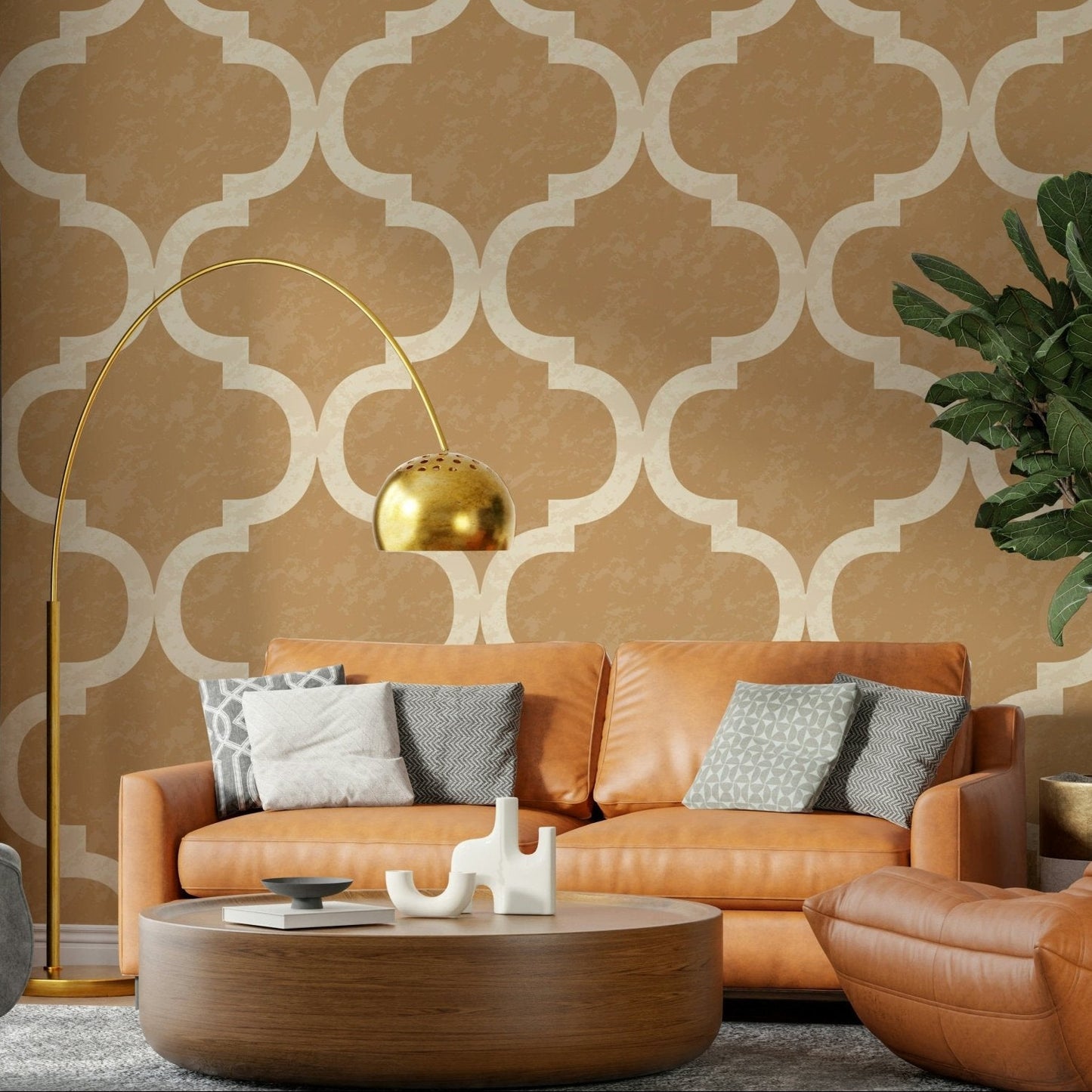 Moroccan-inspired geometric wallpaper in golden tones, GD7472