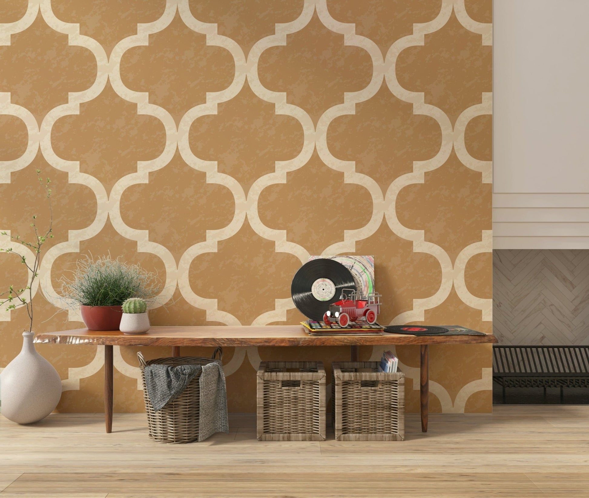 Moroccan ogee golden tan wallpaper pattern, GD7472