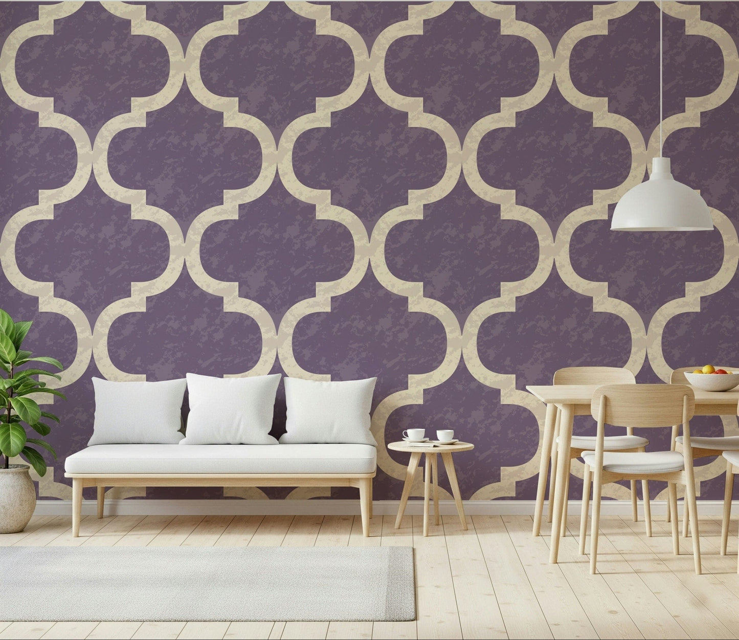 Moroccan ogee wallpaper in grey purple with ivory trellis