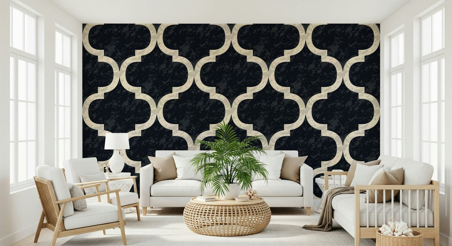 Moroccan ogee ink black wallpaper showing a geometric trellis motif in an even repeat.