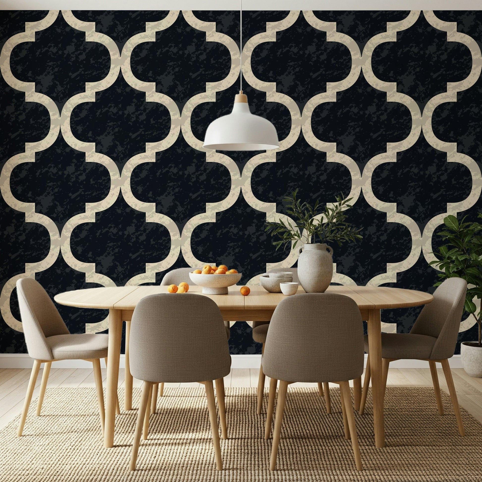 Ink black Moroccan ogee wallpaper pattern with evenly spaced arches and pointed joins.
