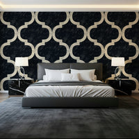Arabesque ogee geometric wallpaper in ink black and ivory