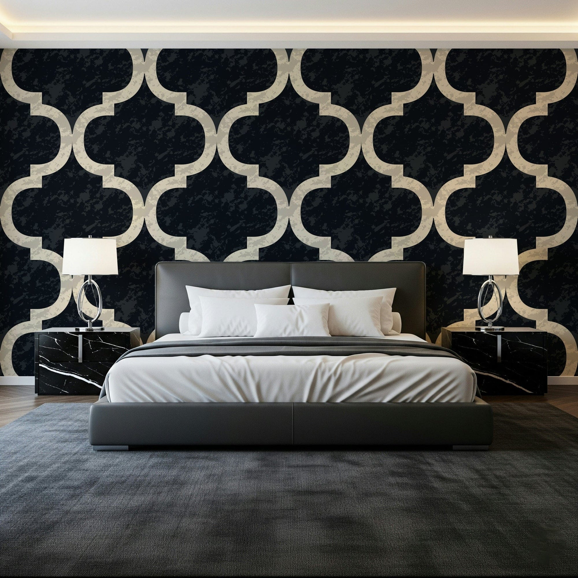 Arabesque ogee geometric wallpaper in ink black and ivory, GD7477