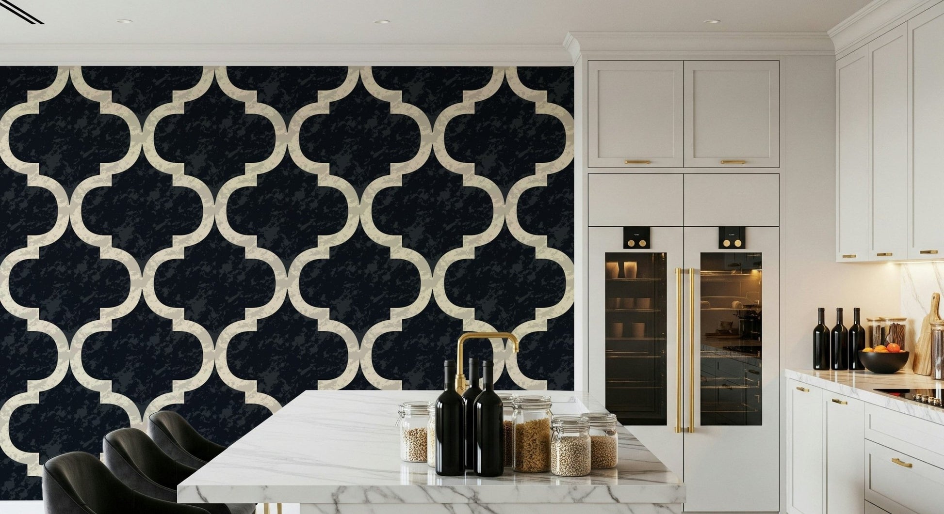 Close-up of Moroccan ogee wallpaper in ink black with crisp, symmetrical curves.