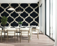Moroccan ogee wallpaper in ink black with an interlocking lattice pattern for walls.