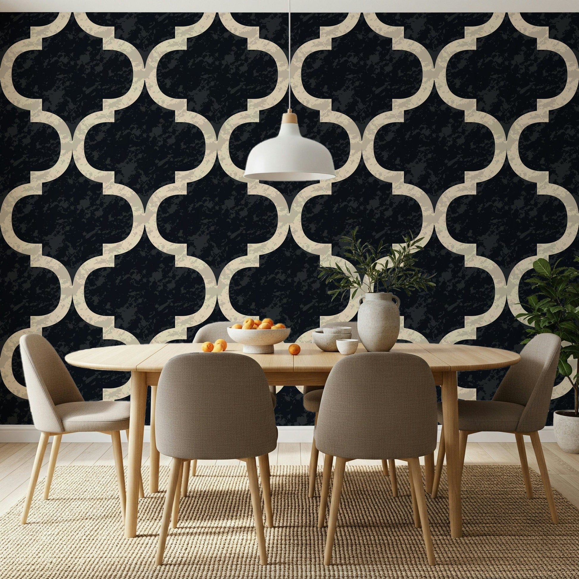 Moroccan-inspired ink black wallpaper for bold feature walls