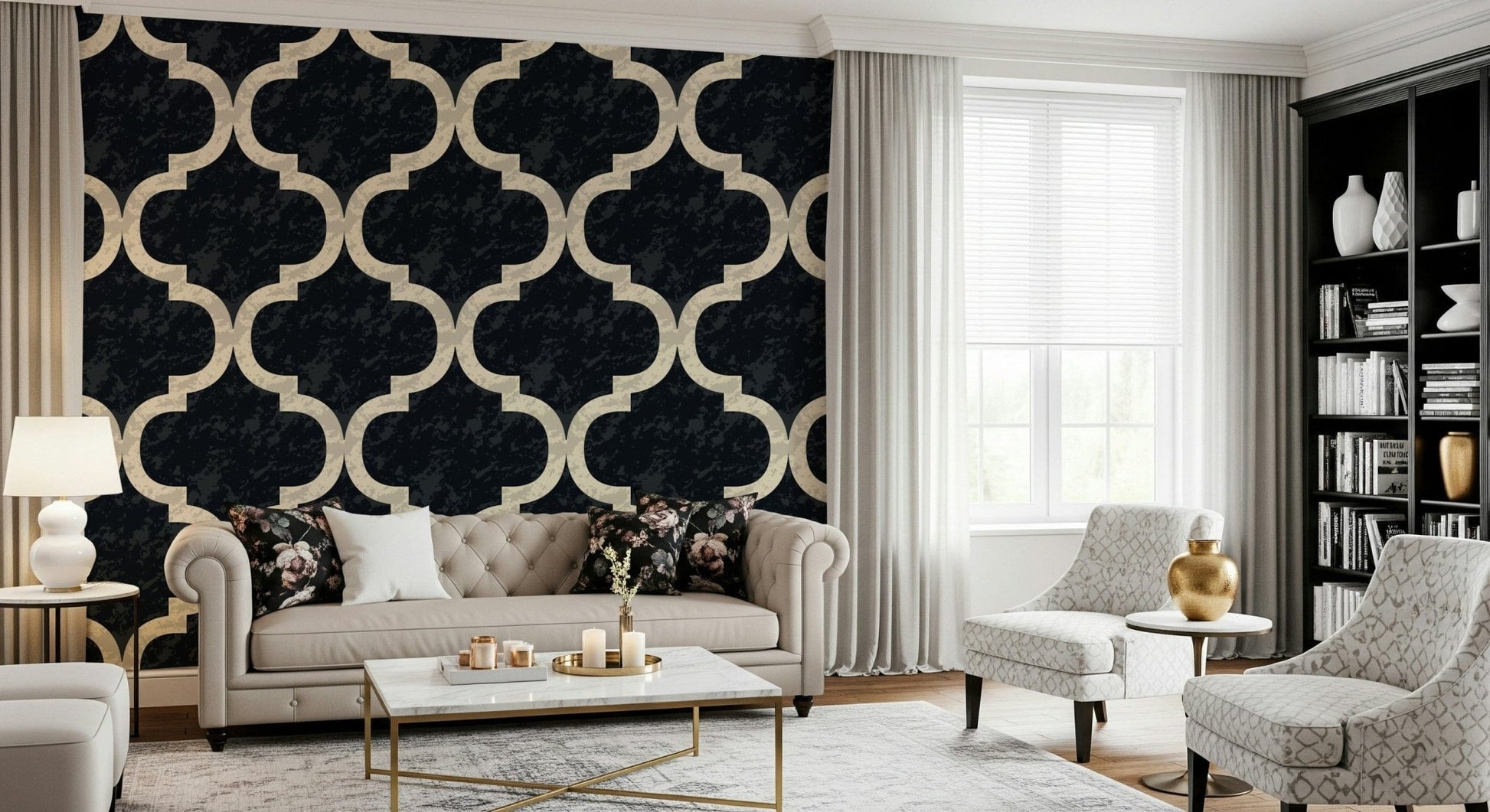 Ink black wallpaper with a Moroccan ogee pattern in a repeating lattice design.