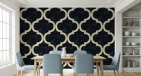 Ink black patterned wallpaper with Moroccan ogee shapes forming an orderly grid.