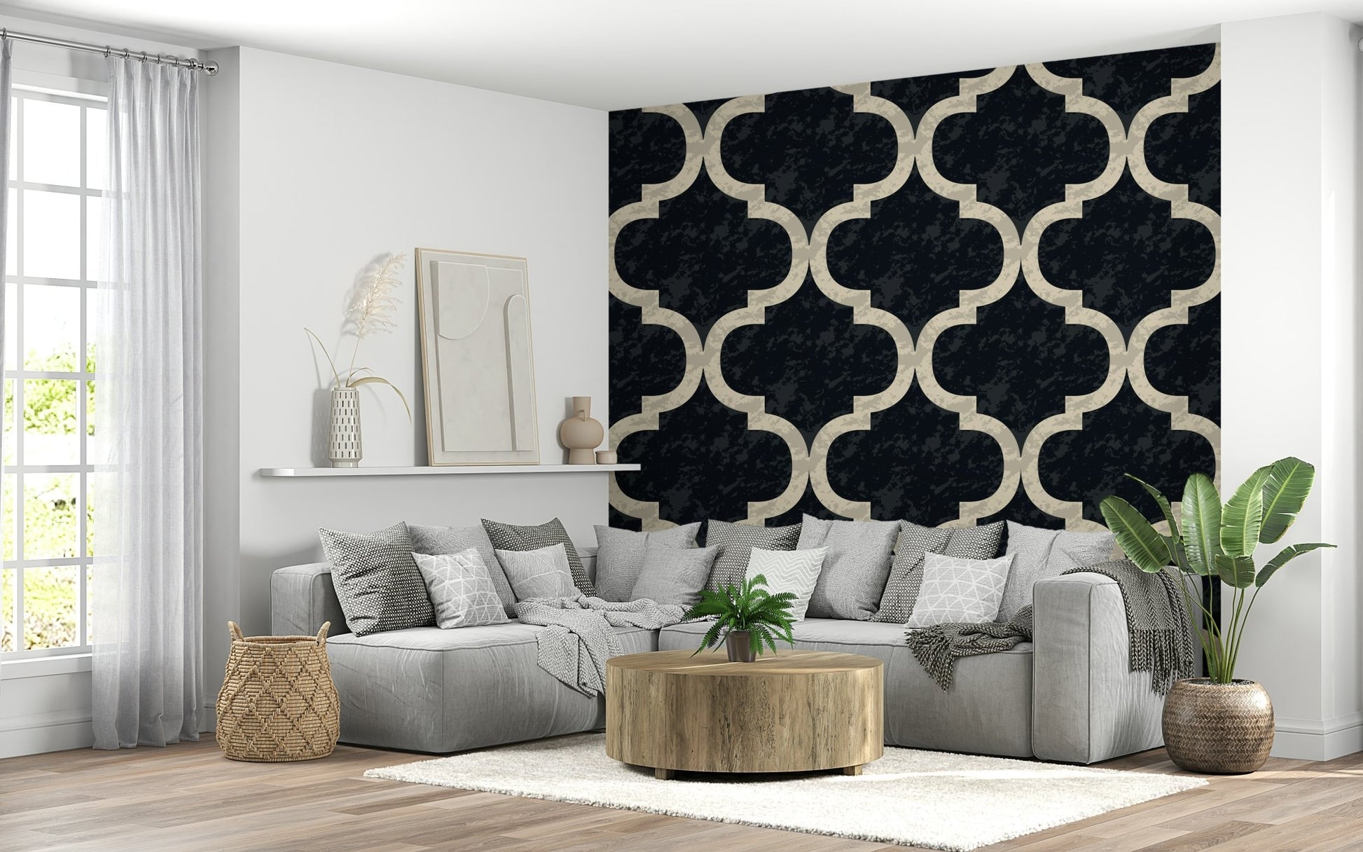 Repeating Moroccan ogee design on ink black wallpaper with subtle contrast and fine line detail.