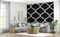Repeating Moroccan ogee design on ink black wallpaper with subtle contrast and fine line detail.