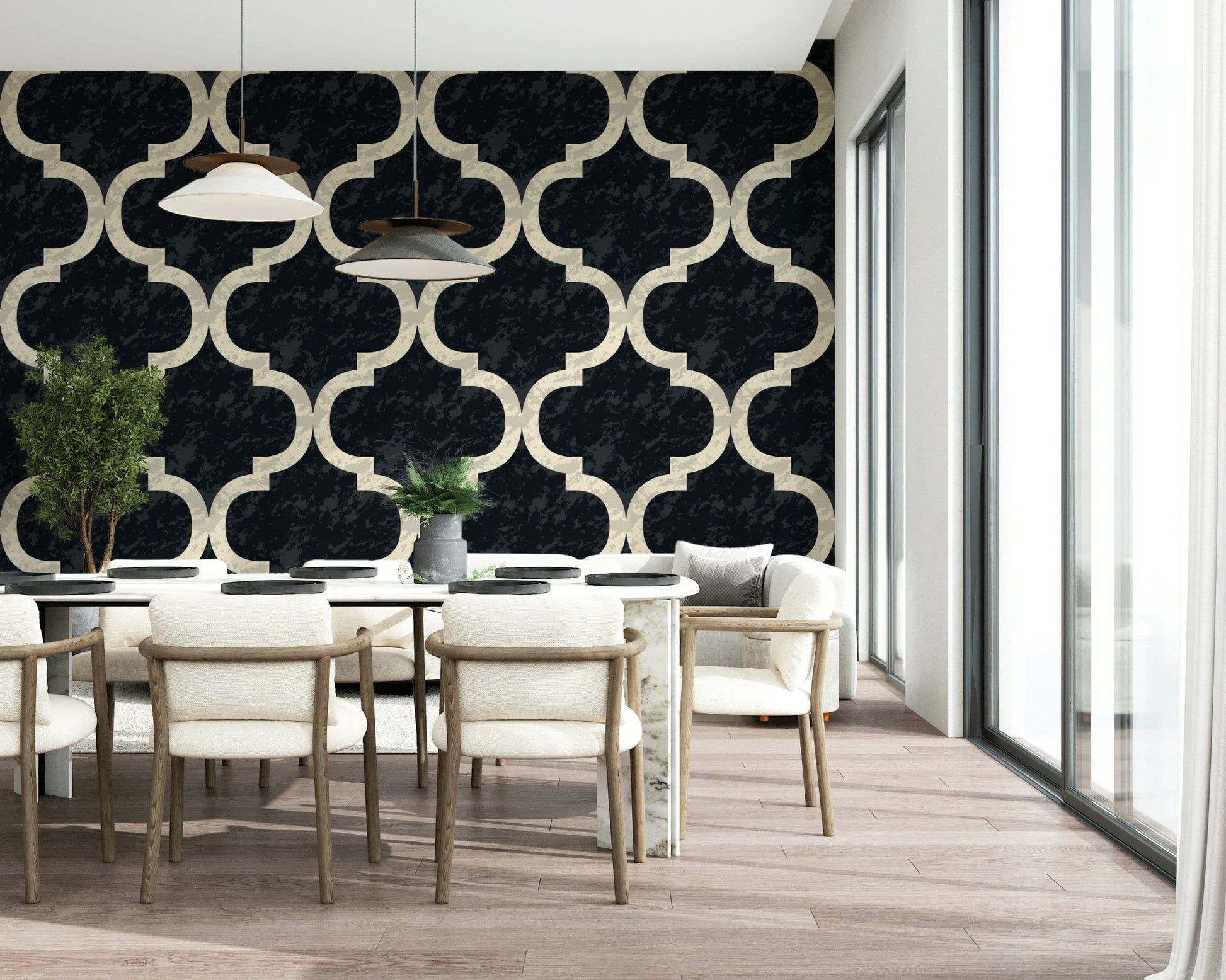 Elegant Moroccan trellis wallpaper in black and cream tones