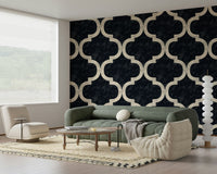 Ink black wallpaper featuring a Moroccan ogee motif in a neat, repeating pattern.