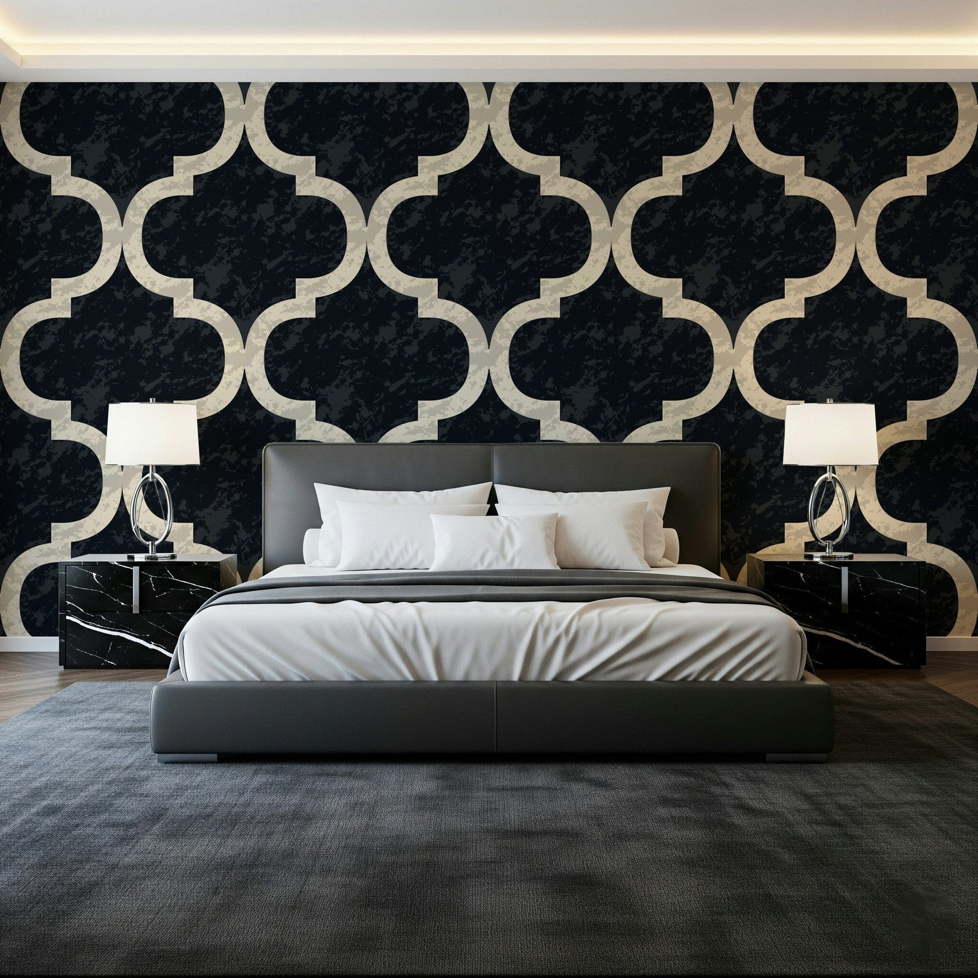 Moroccan ogee ink black wallpaper with a dark finish and crisp geometric outlines.