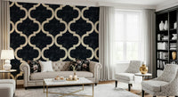 Moroccan ogee wallpaper in ink black with ivory trellis