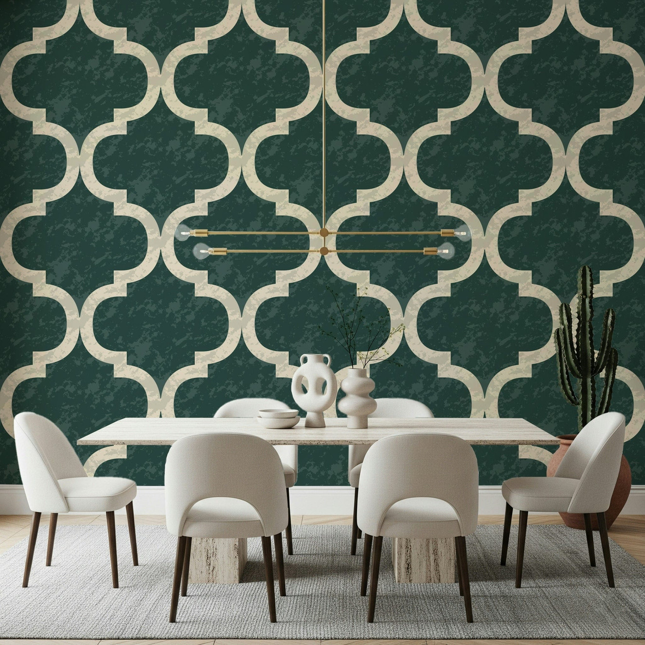Boho Moroccan trellis wallpaper in earthy green tones