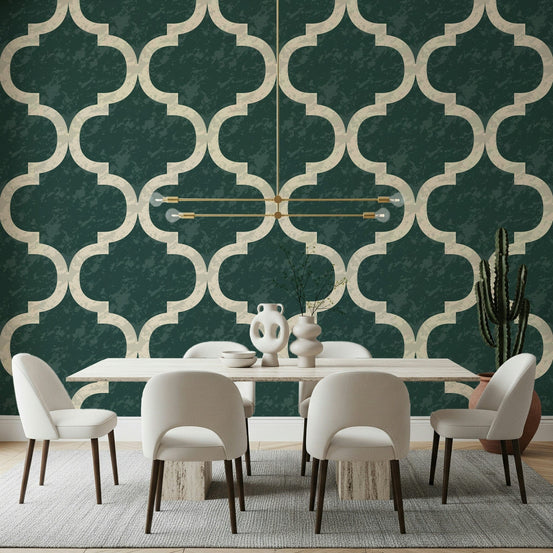 Boho Moroccan trellis wallpaper in earthy green tones, GD7478
