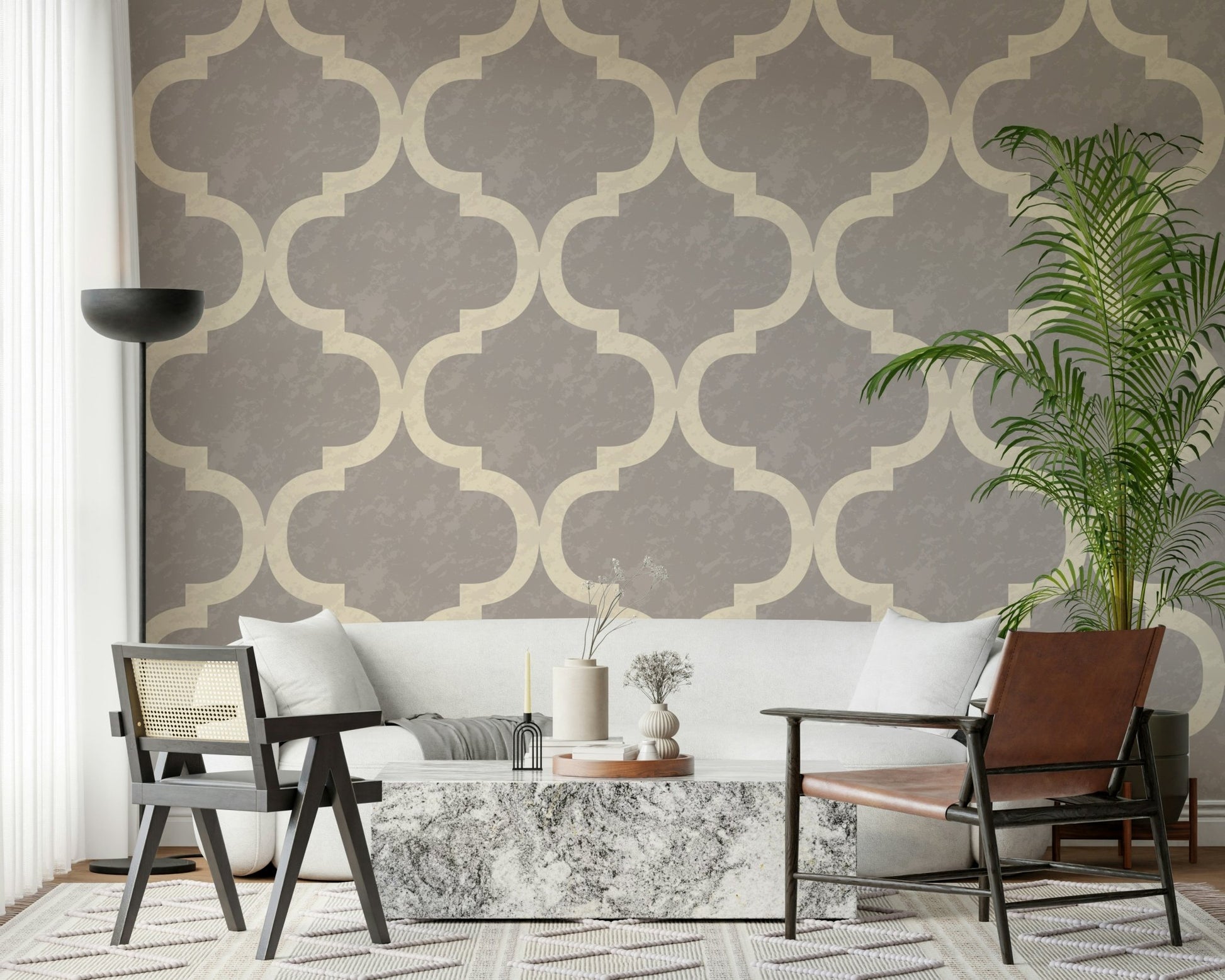 Stone grey wallpaper with a Moroccan ogee pattern in a repeating lattice design.