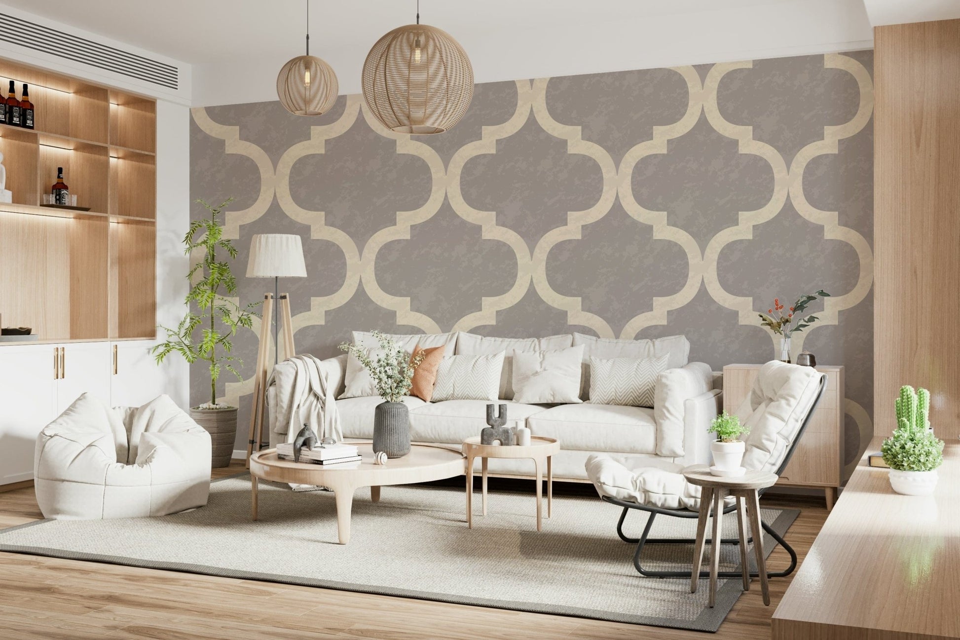 Elegant Moroccan trellis wallpaper in grey and cream tones