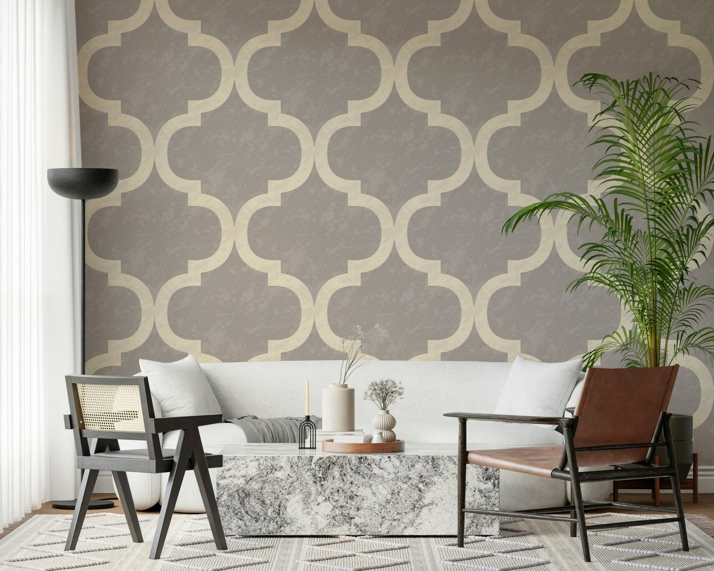 Moroccan ogee wallpaper in stone grey with ivory trellis