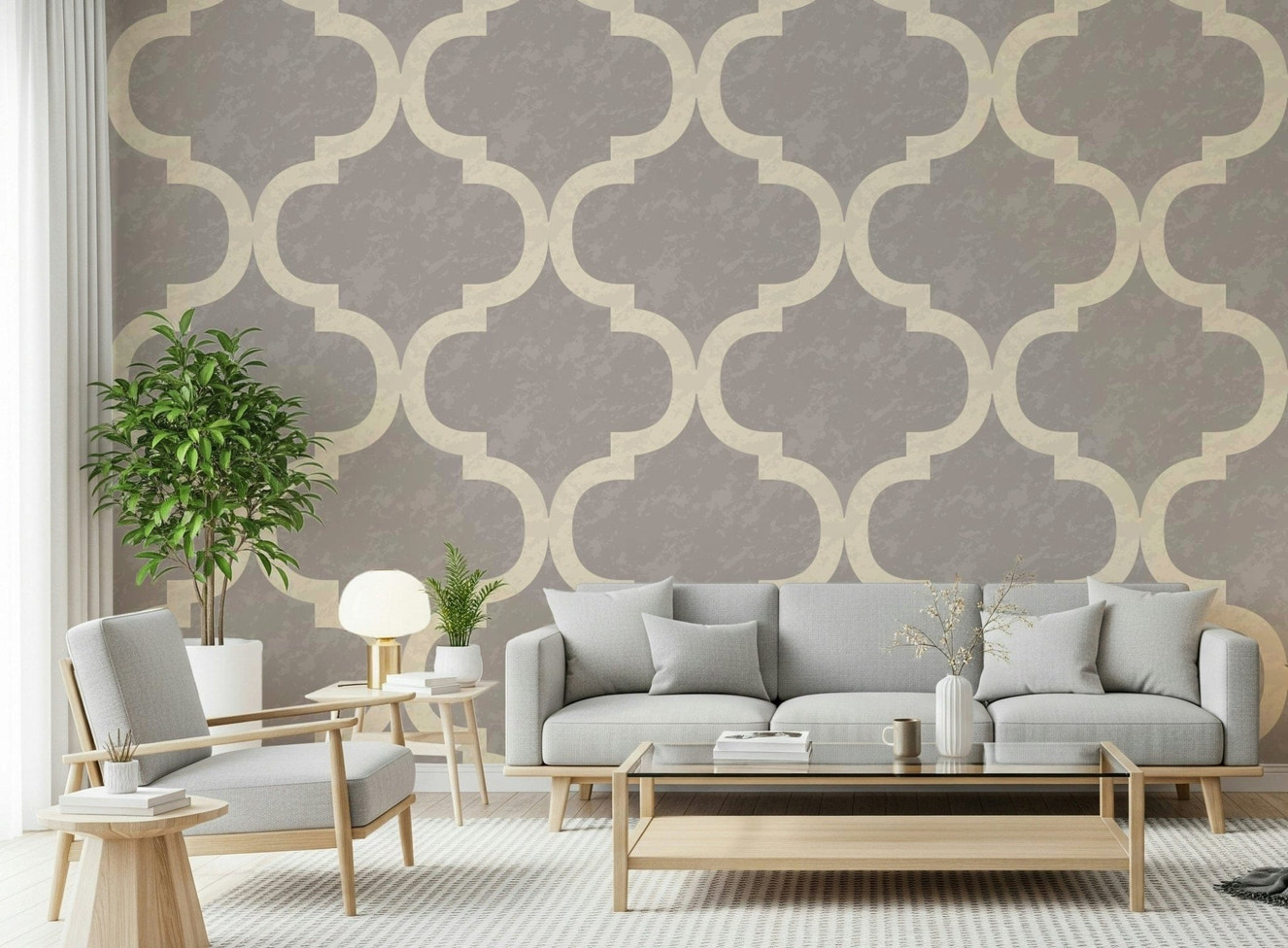 Stone grey Moroccan trellis wallpaper with classic ogee motif